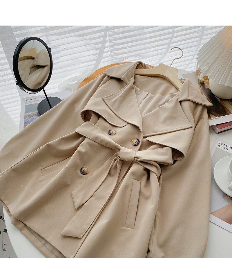 Suit collar windbreaker coat Long Sleeve loose top with belt 6218