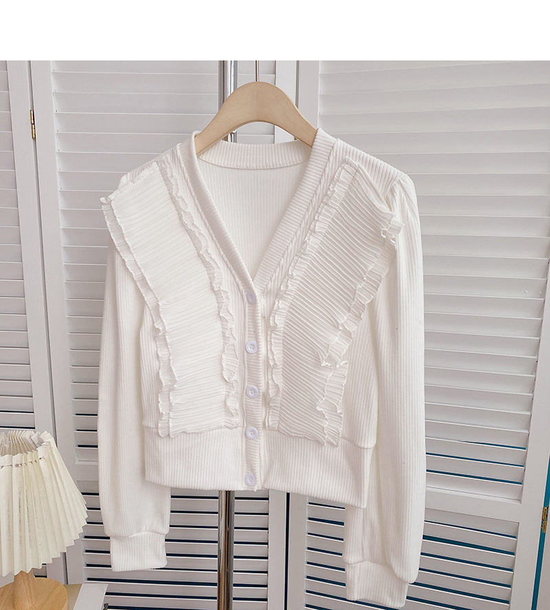 Cardigan chemise vintage à col en V en dentelle froncée 6408