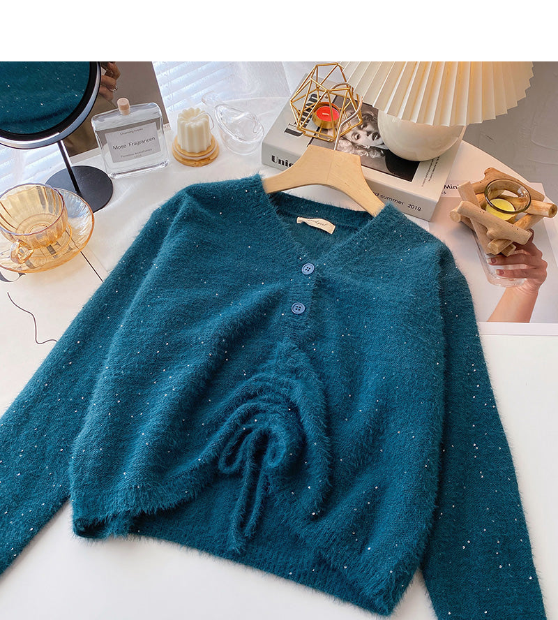 Korean fashionable temperament drawstring slim long sleeve top 6056