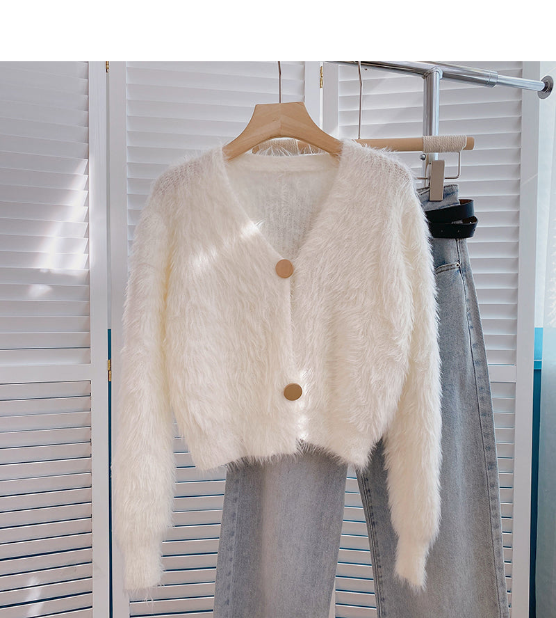 Mohair sweater solid V-neck short long sleeve top 6063