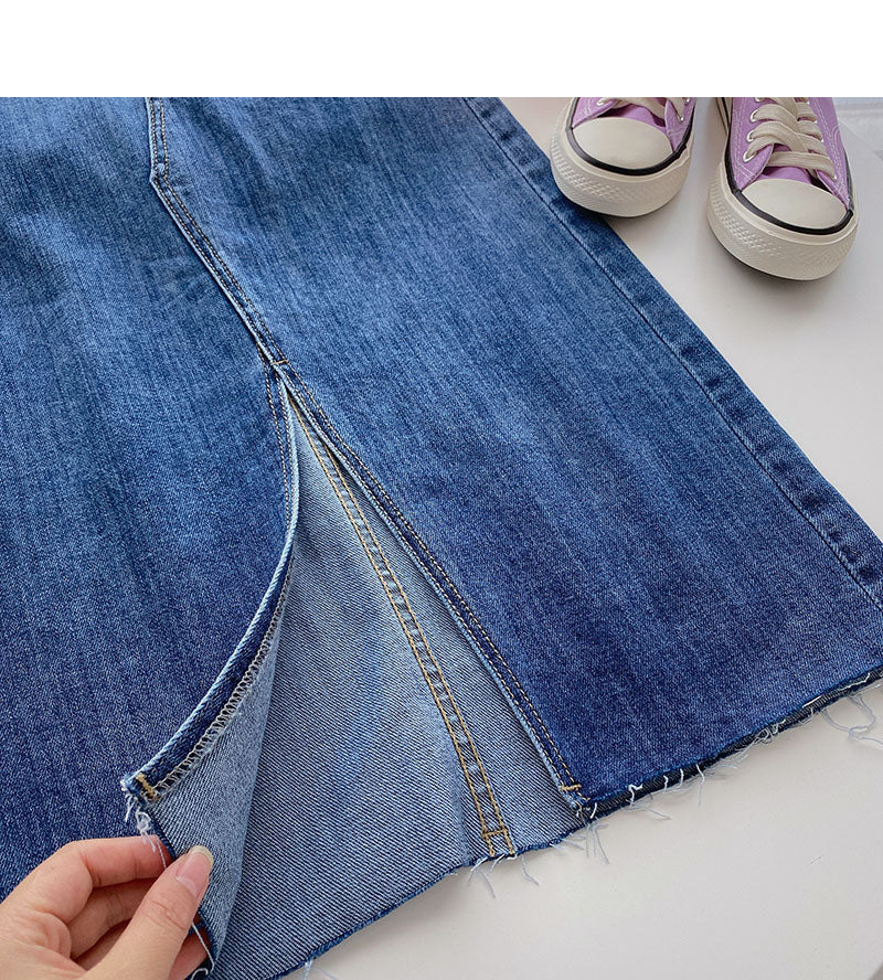 Korean version of Hong Kong style high waist split medium and long A-line skirt 5702