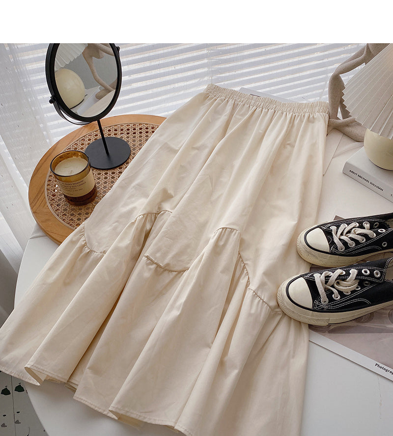 Jupe mi-longue en forme de A à taille haute, polyvalente et unie 5814