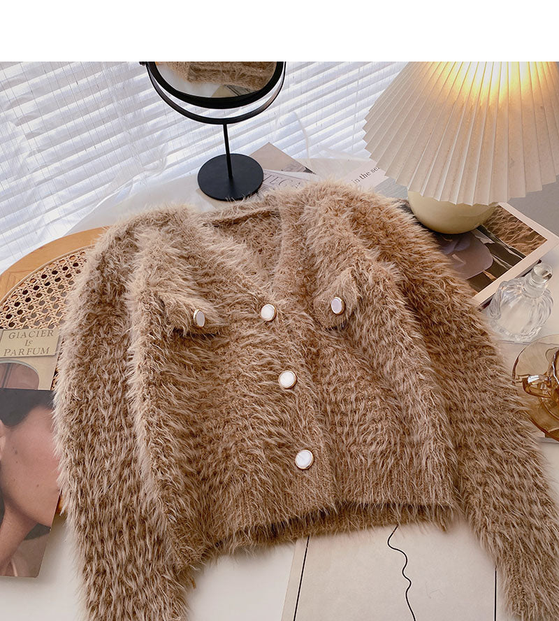 Pull en laine imitation vison couleur unie cardigan tricoté mode 6059