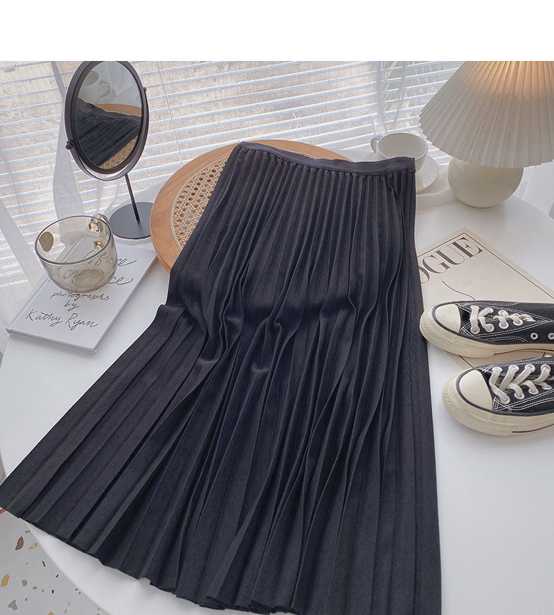 Niche design fashion pleated A-shaped medium and long skirt 5735