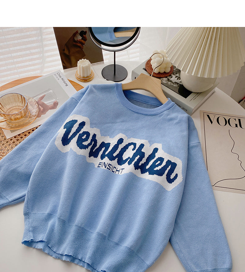Letter contrast loose lazy long sleeve Pullover Sweater 6016