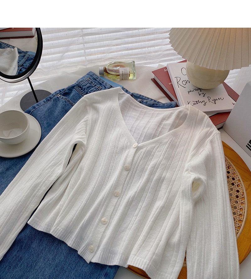 Temperament V-neck short long sleeve versatile top 6464