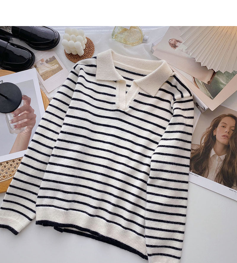 Striped knitted Pullover Sweater lazy temperament thin top 6571