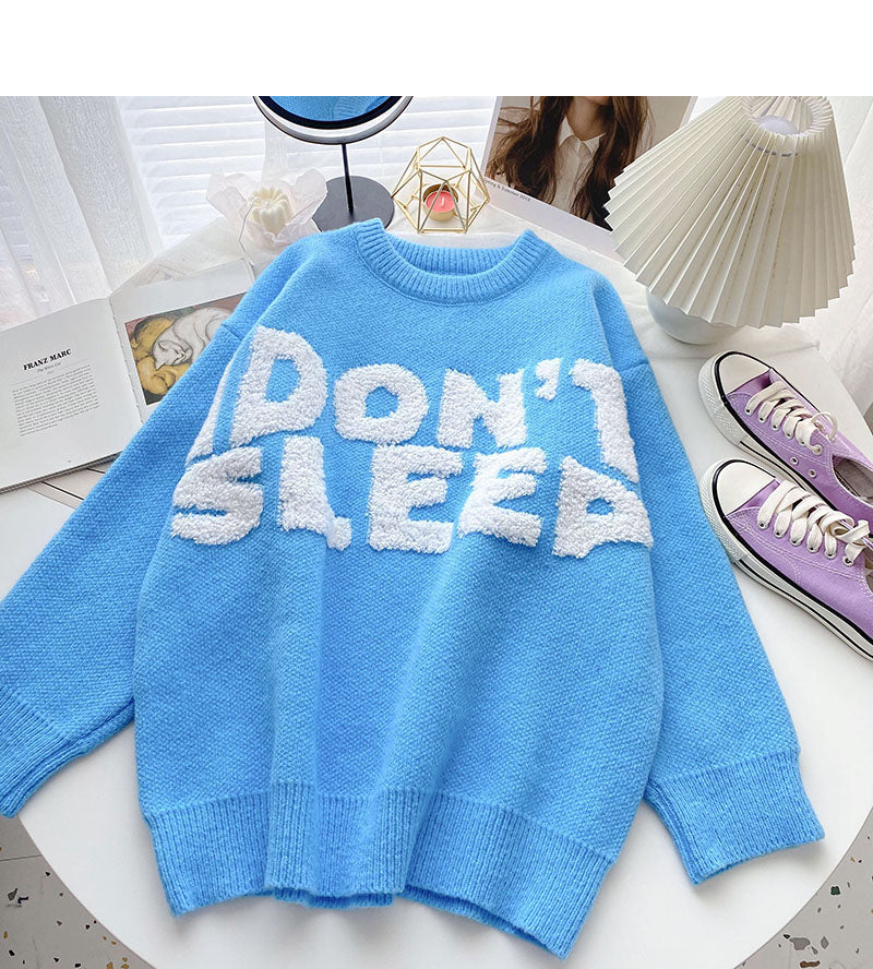 Versatile lazy personality letter flocking loose long sleeve Pullover Top 6008