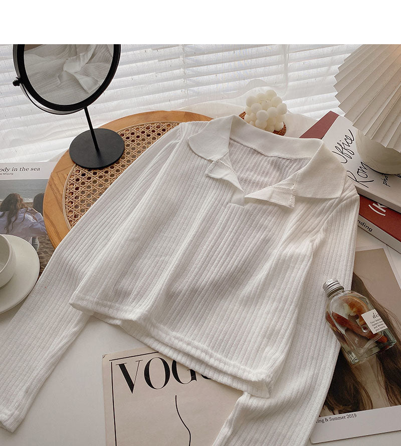 Pull à manches longues simple et décontracté à revers courts 6665