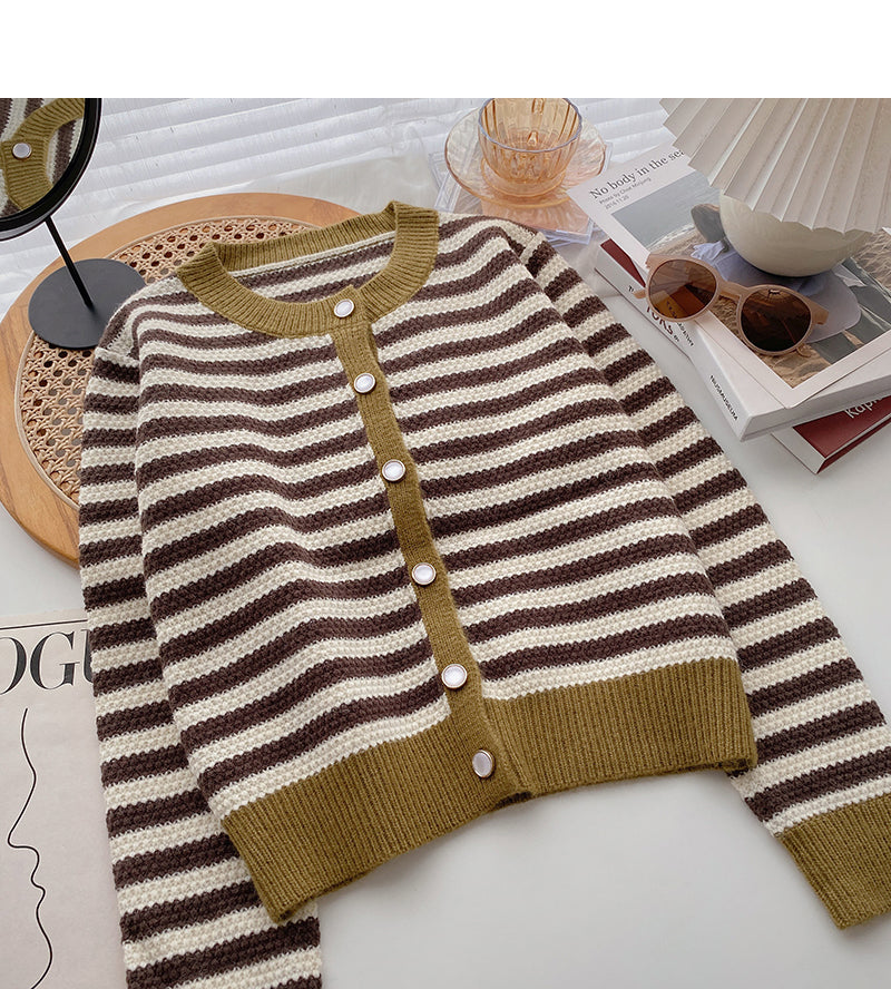 Single breasted crew neck striped sweater coat 5996