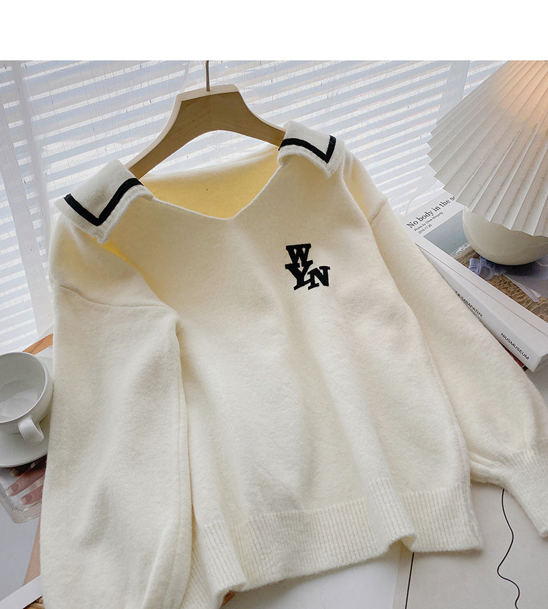 Entwerfen Sie personalisiertes Buchstabendruck-Kontrast-Navy-Kragen-Langarm-Top 6012