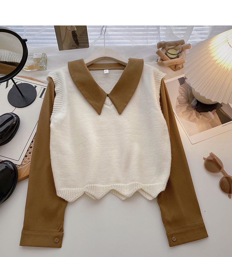 Long sleeve stitching design sense sweater gentle blouse 6499