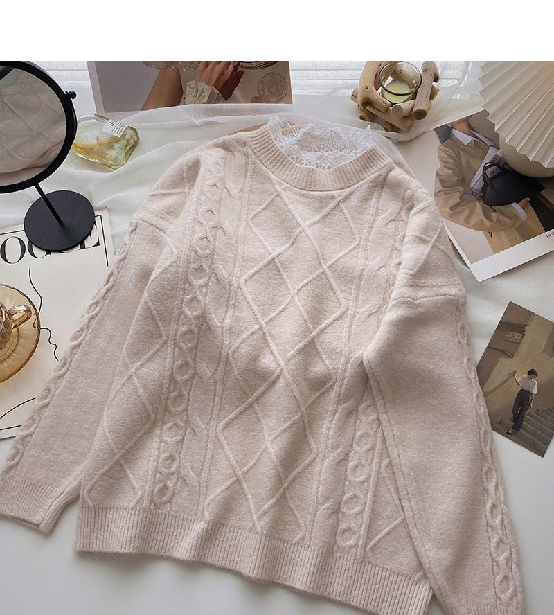 Korean lace edge round neck long sleeve design top 5985