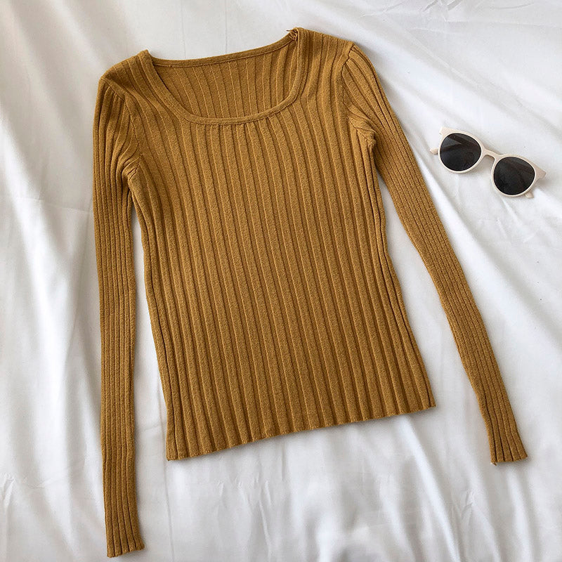 Versatile solid slim slim long sleeve pit stripe T-shirt 6479