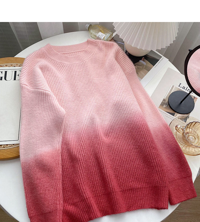 Niche design personalized gradient knitted long sleeve Pullover loose top 6111