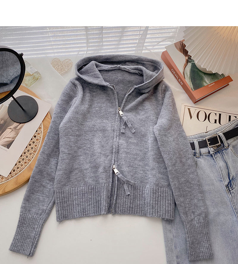 Cardigan knit Hooded Jacket versatile long sleeve top 6522