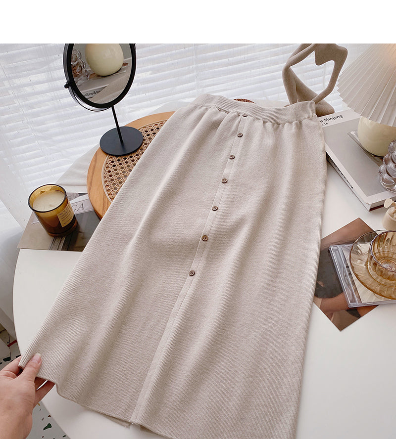 Leisure port style solid high waist button split A-line skirt 5804