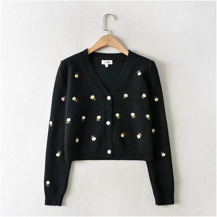 Cardigan à boutons brodés paresseux Pull polyvalent à col en V 7213