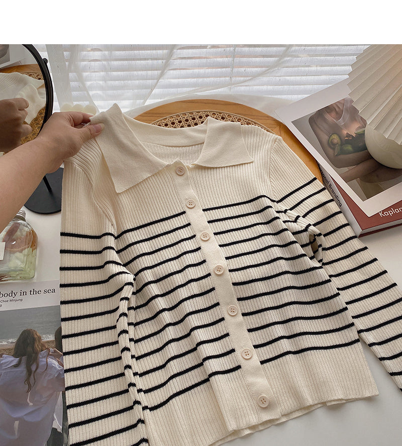 Design sense color blocking stripes show thin slim Lapel top 6553