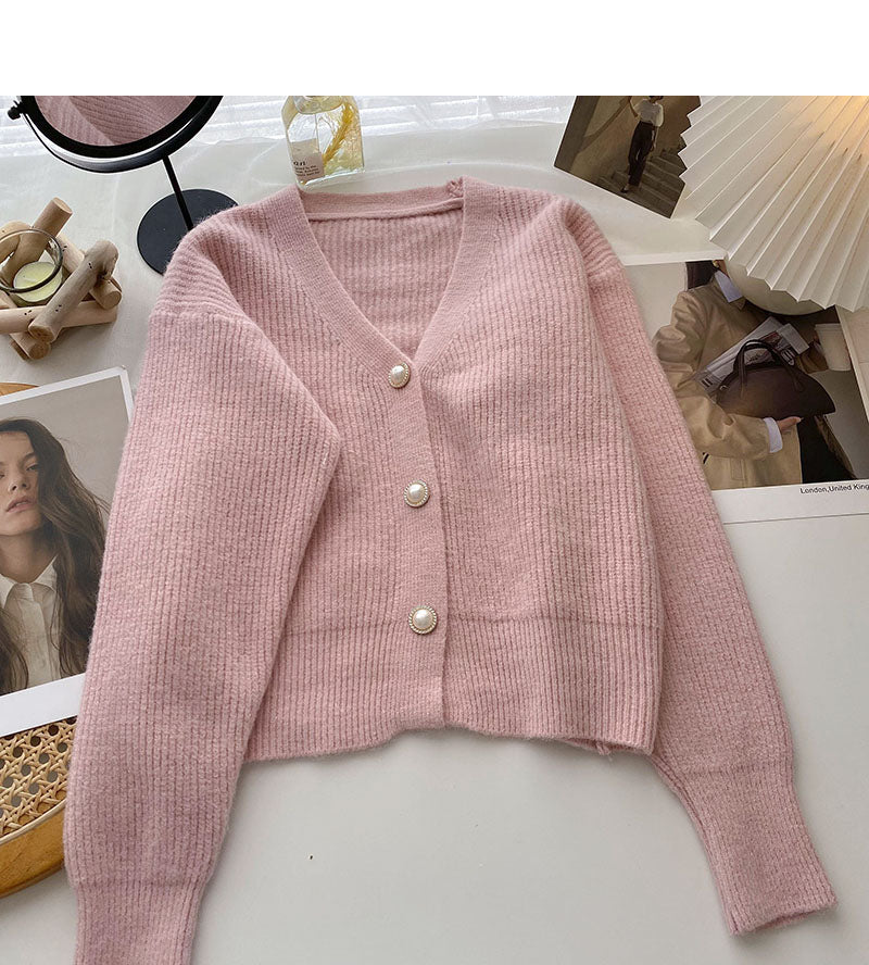 Solid V-Neck long sleeve bright silk sweater coat 6041