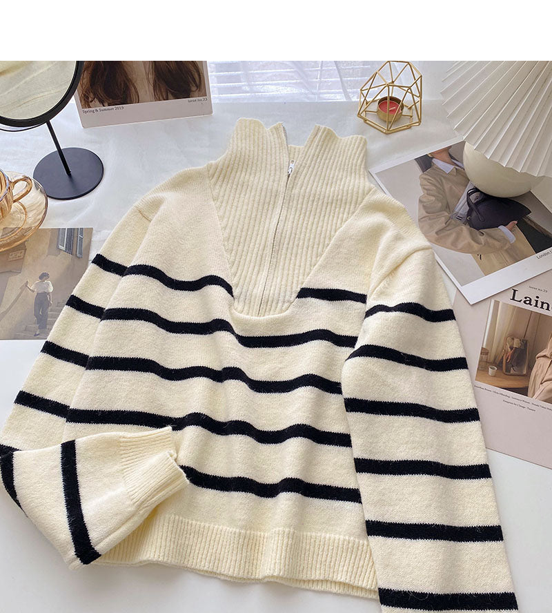 Neues koreanisches Revers Half Zip Stripe Kontrastnähte Langarm Top 6118