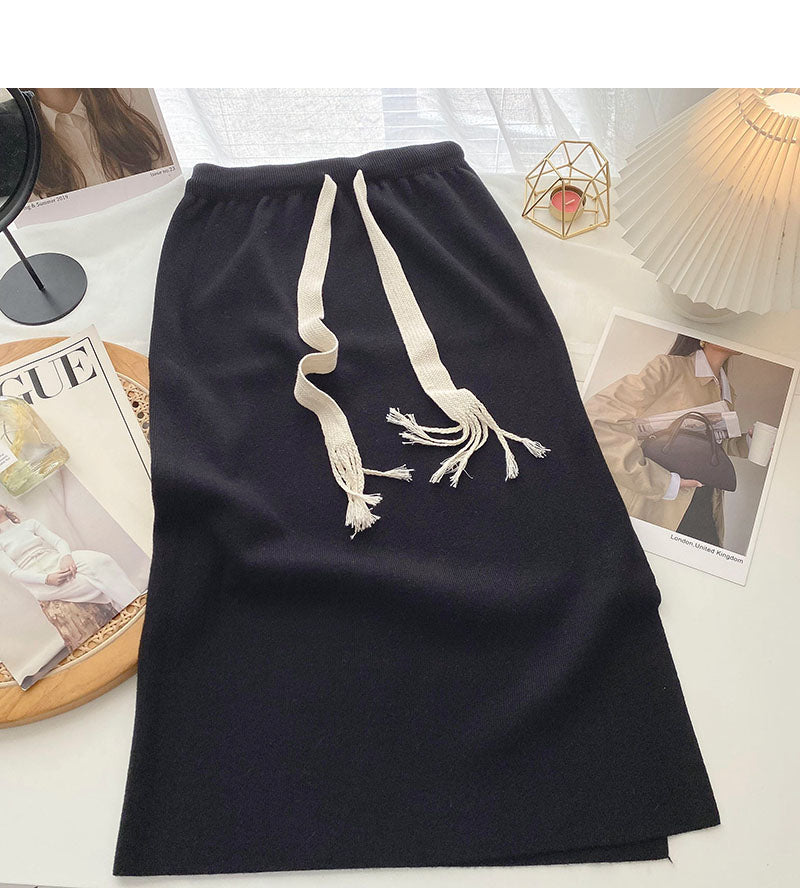 Versatile pop drawstring high waist split A-line skirt 5794