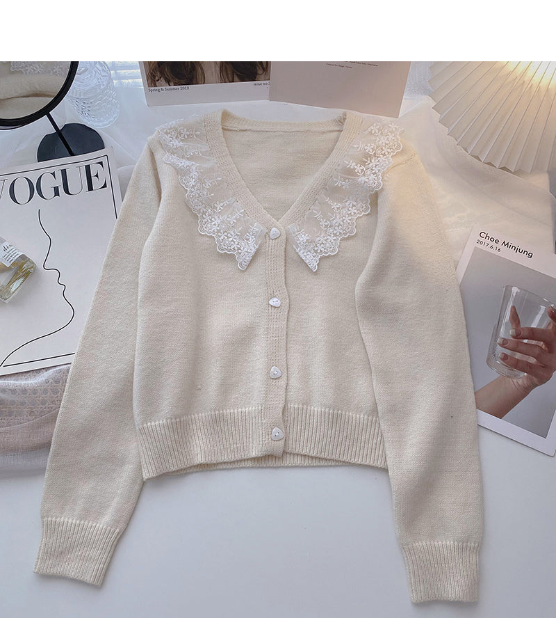 Korean version lace edge V-neck single breasted design feels thin top 5965