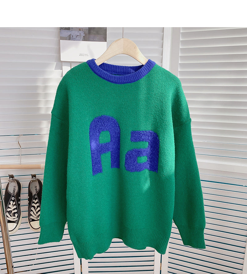 Pull col rond contrasté jacquard flocage lettre 6173