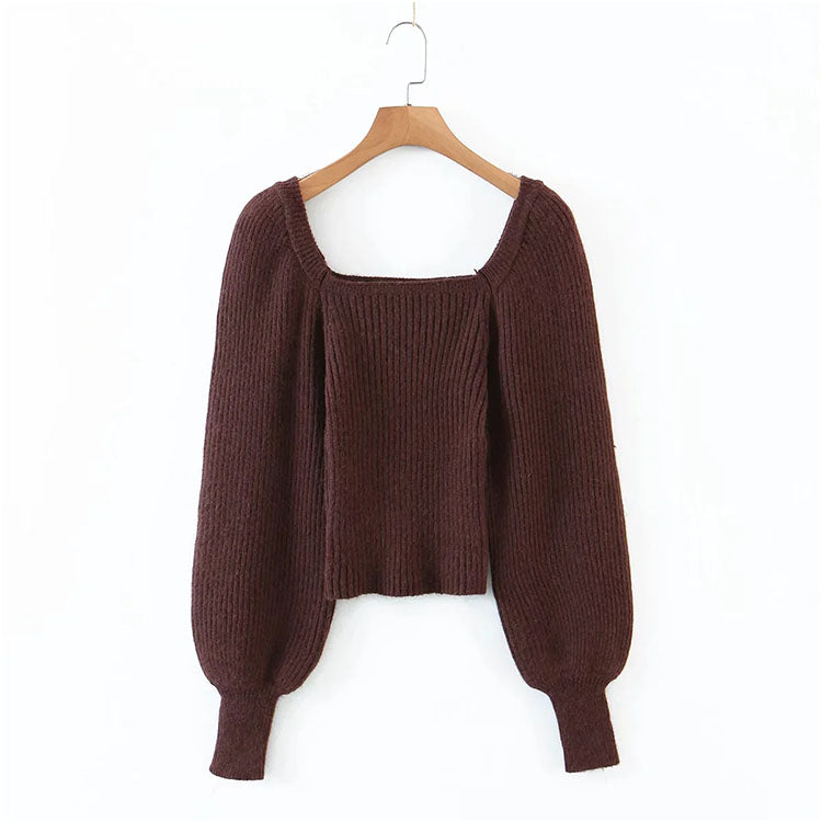 Square neck French collarbone exposed minority Lantern Sleeve Top 7216