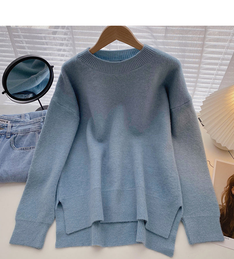 The new Korean style is simple, casual, loose, split long sleeved top 5949