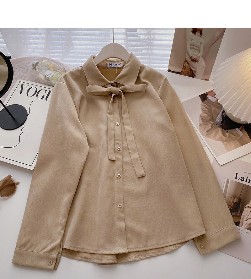 Casual foreign style gentle solid color versatile lace up single breasted top 6351