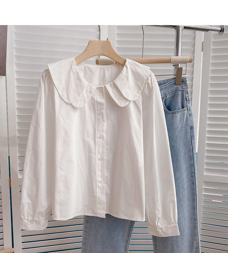 Baby collar solid color long sleeve shirt looks thin and versatile top 6372
