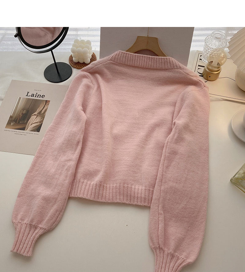 Korean minority three-dimensional decorative V-Neck long sleeve top 5886