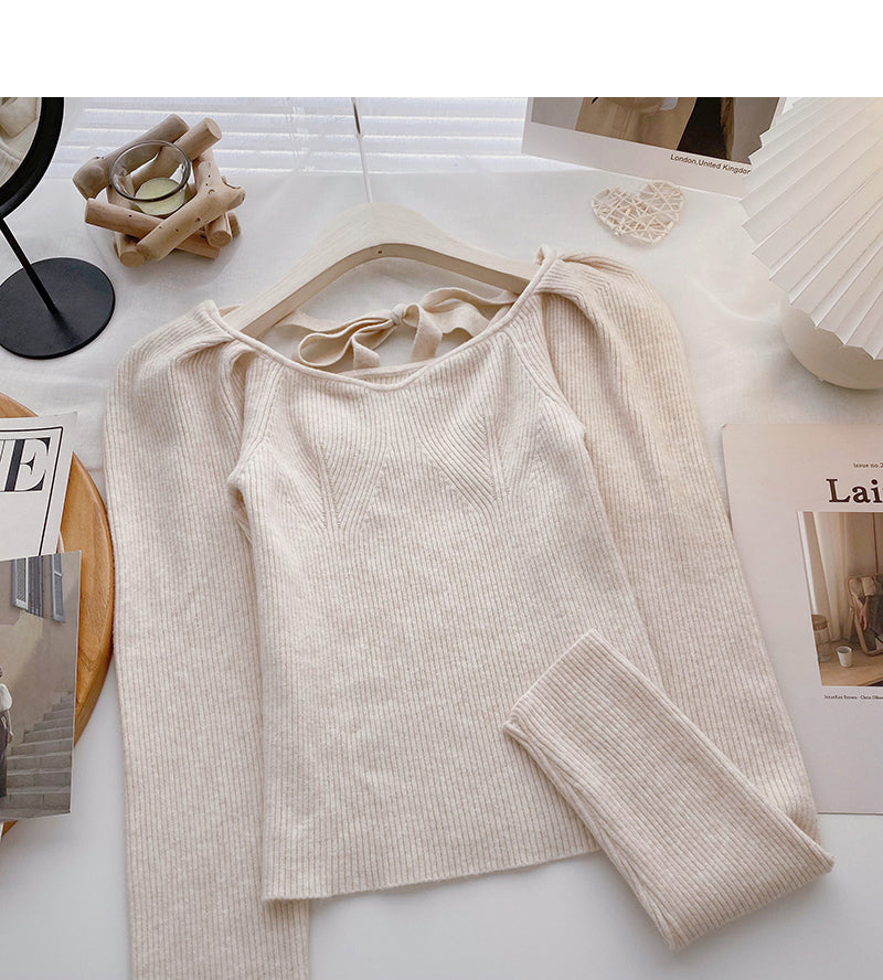 Large round neck leaky clavicle sweater bandage long sleeve top 6611
