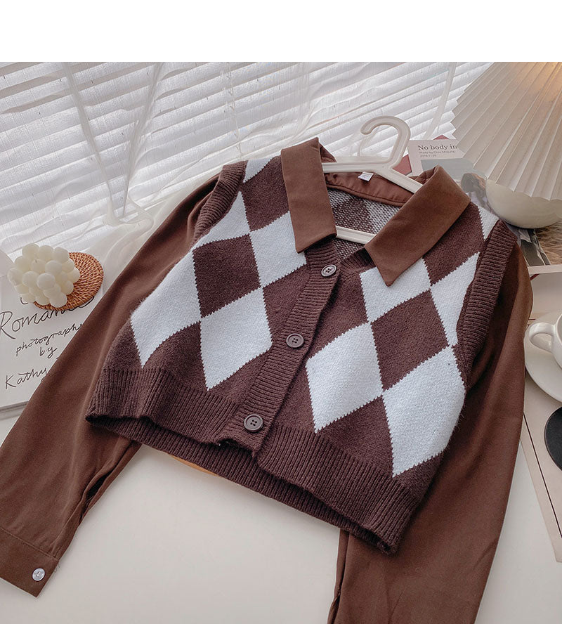 Koreanischer Retro-Hongkong-Stil, gestrickte Plaid-Nähte mit langen Ärmeln 6339