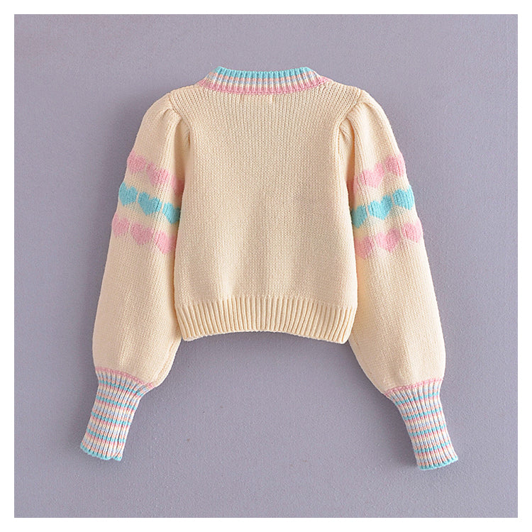 Love printed V-neck bubble sleeve knitted cardigan 7191