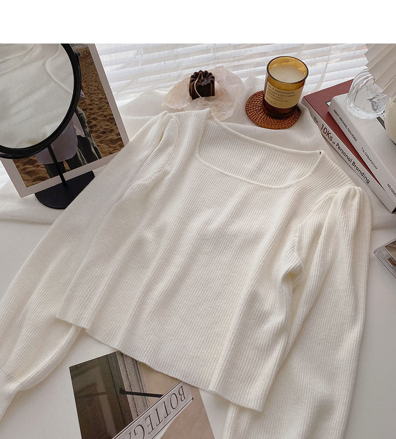 Simple solid color square neck long sleeve short top 6679