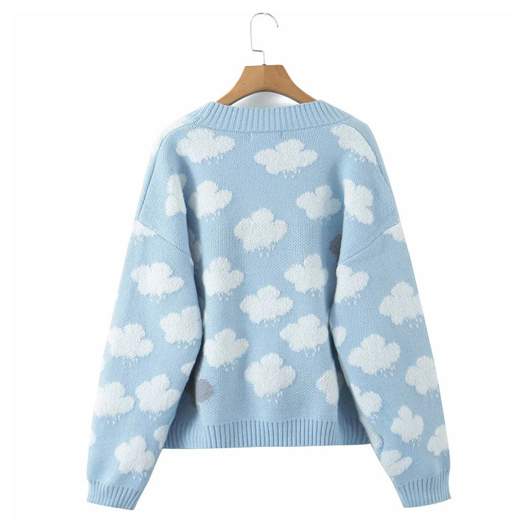 Süßer alternder Jacquard-Strickcardigan mit Wolken und V-Ausschnitt 7312