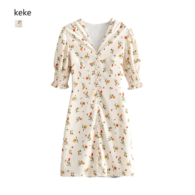 Versatile slim and fresh printed breasted dress skirt 7031