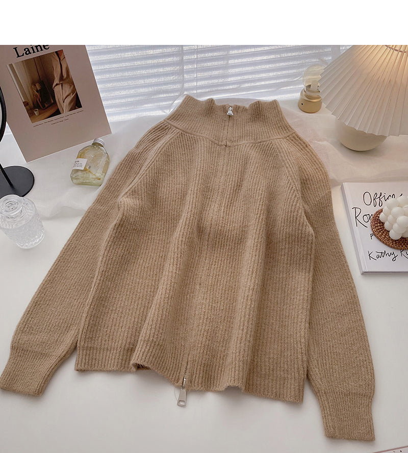 Lazy loose zipper half high neck long sleeve top 5884