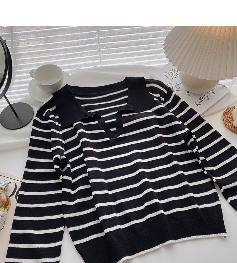 Langarm-Revers-Pullover mit lockeren Streifen 6452