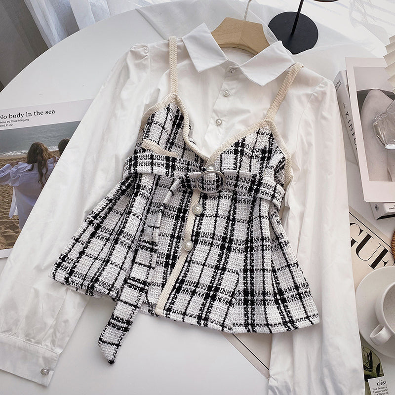 Haut à manches longues avec fausses coutures en deux pièces et ceinture à taille 6289