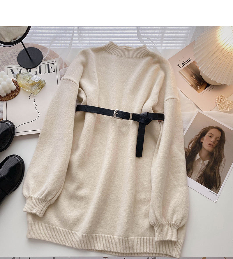 Korean style Hong Kong style retro long sleeve skirt top with belt 5971