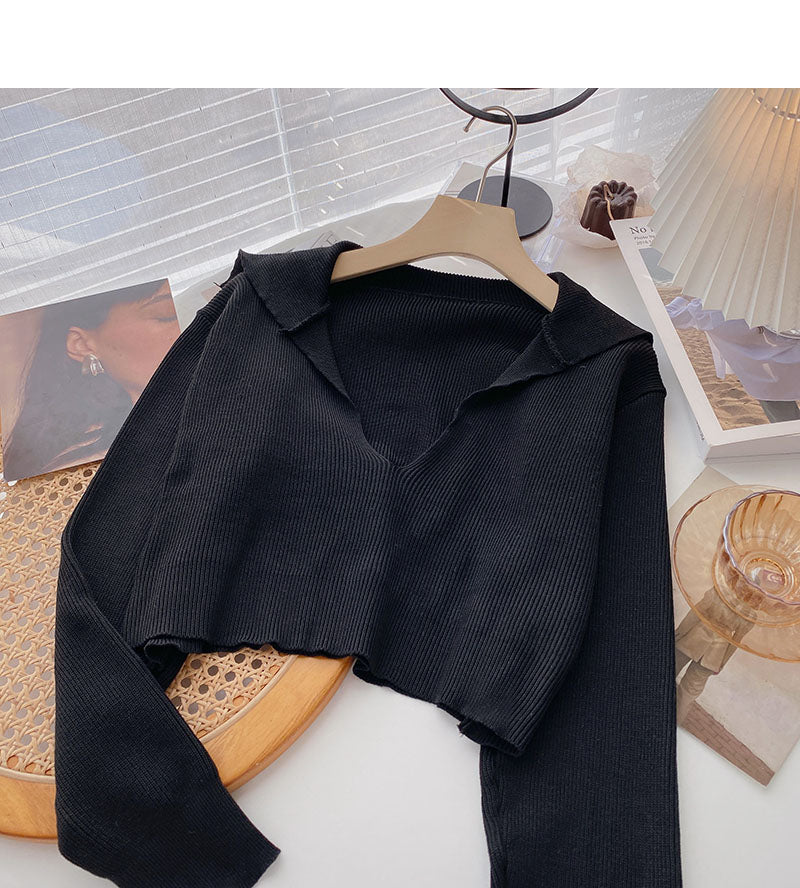 Navy collar temperament solid color sweater women 6133