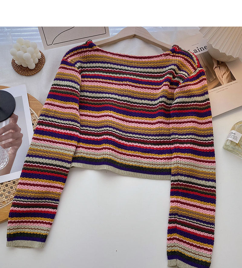 Pull rayé coloré, joli haut court taille haute à col en V 6521