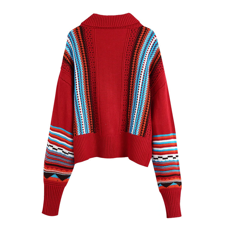 Contrast jacquard stand collar zipper knitted cardigan coat 7428