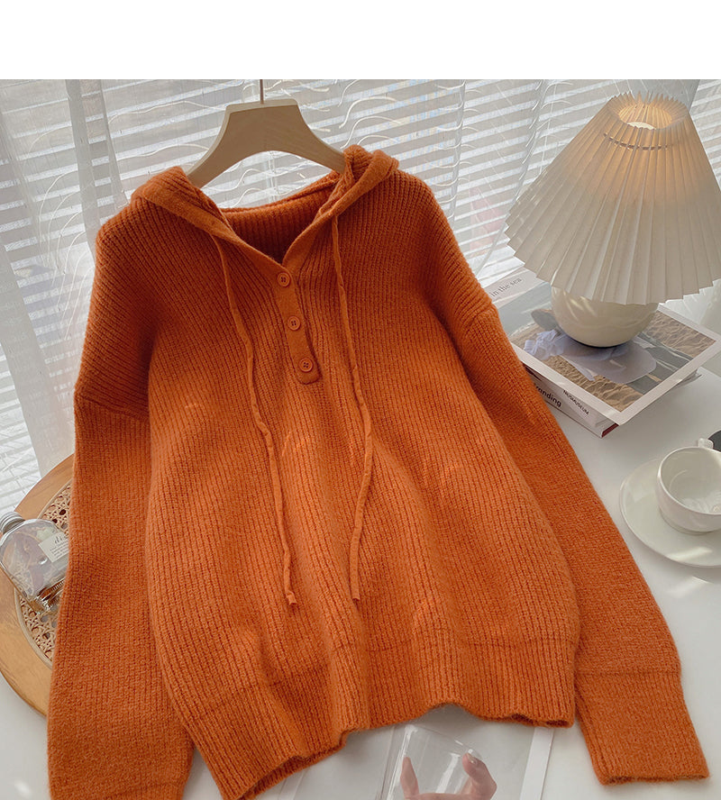 Design feel loose drawstring hooded long sleeve top 5980