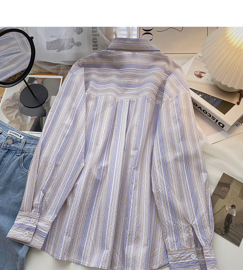 Lazy wind Stripe Shirt loose long sleeve cardigan top 6424