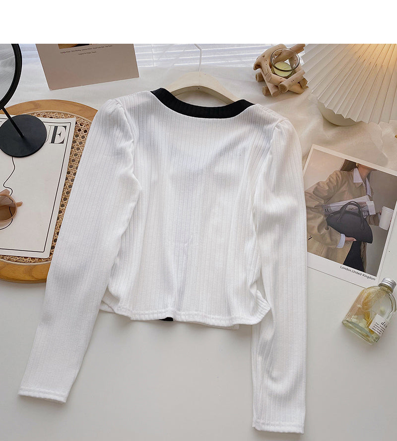 Long sleeve sweater women's design color blocking square neck short top 6691