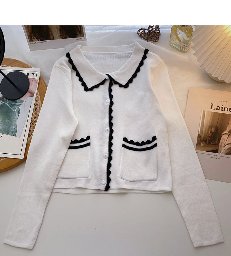 Vintage small fragrance color matching knitted cardigan 6671